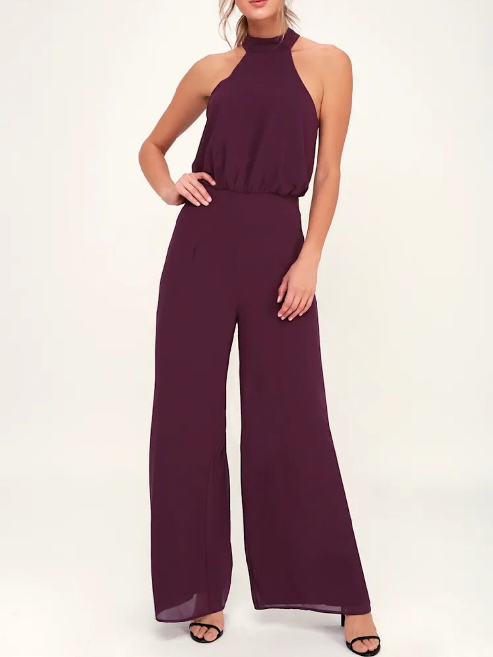 Lulu's Plum Halter Wide-Leg Jumpsuit